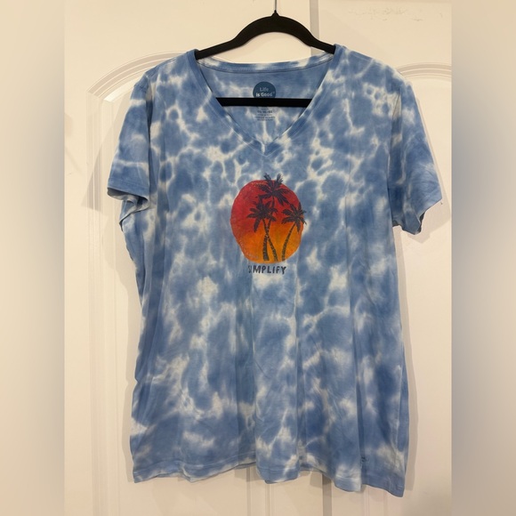 Life Is Good Tops - Life Is Good Blue Tie-Dye V-Neck Tee with Sunset Palm Graphic
